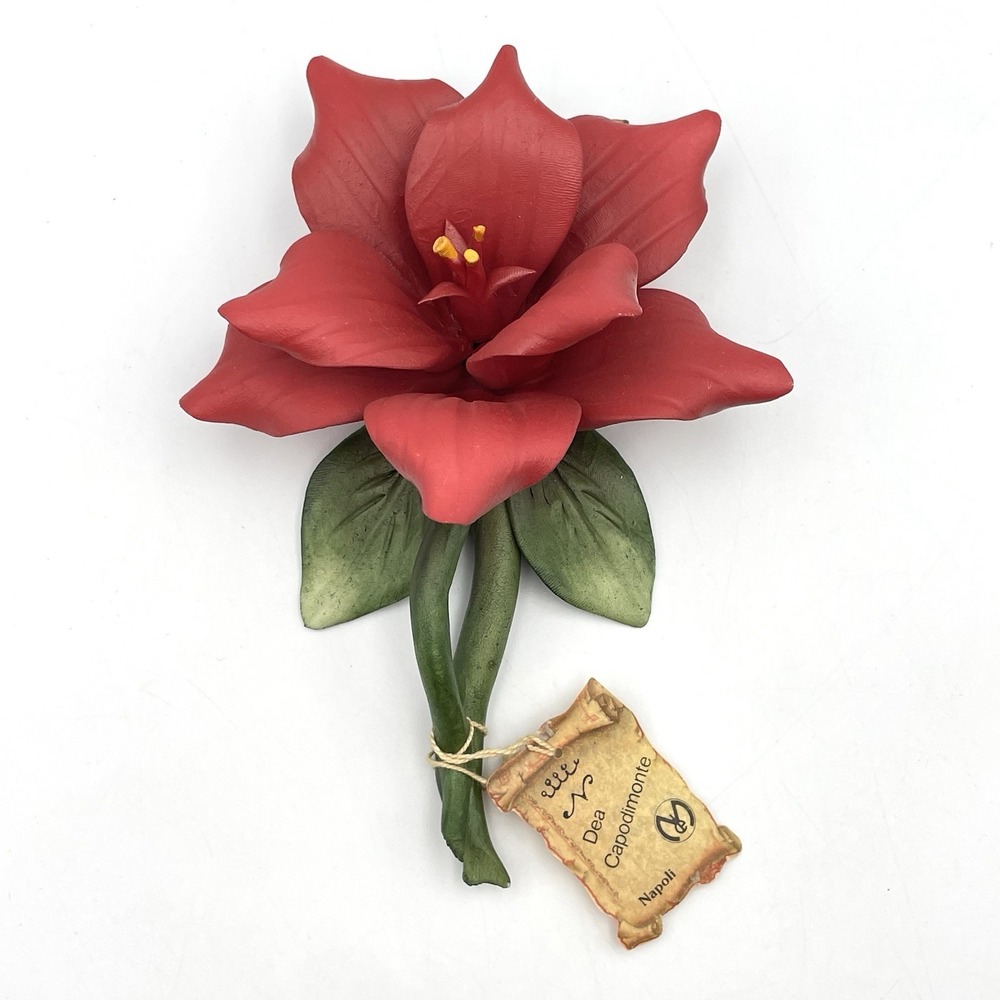 Vintage 1960s Dea Capodimonte Napoli Italy Porcelain Red Flower 7" Handmade